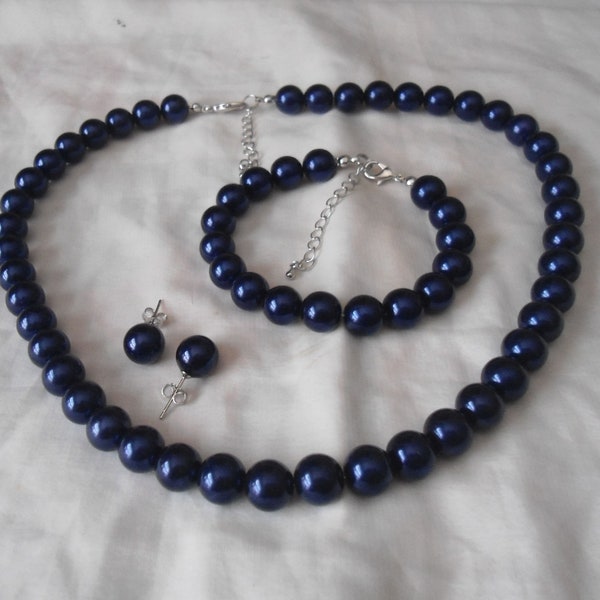 Navy Blue Pearl Sets,Pearl Necklace,pearl bracelet,Glass Pearl ,Wedding Necklace,Bridesmaid Necklace,Wedding Jewelry,Jewelry