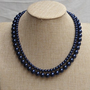 Colliers de perles bleu marine, collier de mariage, collier de perles, collier de perles 2 brins, bijoux de mariage, collier de perles de verre, collier de perles