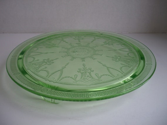 Green Depression Glass Footed Cake Plate Cameo Pattern - Vintage Green Depression Glass Plates Green Depression Glass Footed Cake Plate Cameo Pattern - Vintage Green Depression Glass Plates