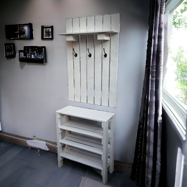 Coat rack and Shoe Storage. Hallway hanger with Storage Shelves. Shabby chic from Reclaimed pallet