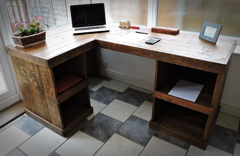 Corner Office Desk With Open Shelves Recycled Pallet Wood Shabby Chic Cottage Style Rustic Left Hand Version Bespoke Order Available