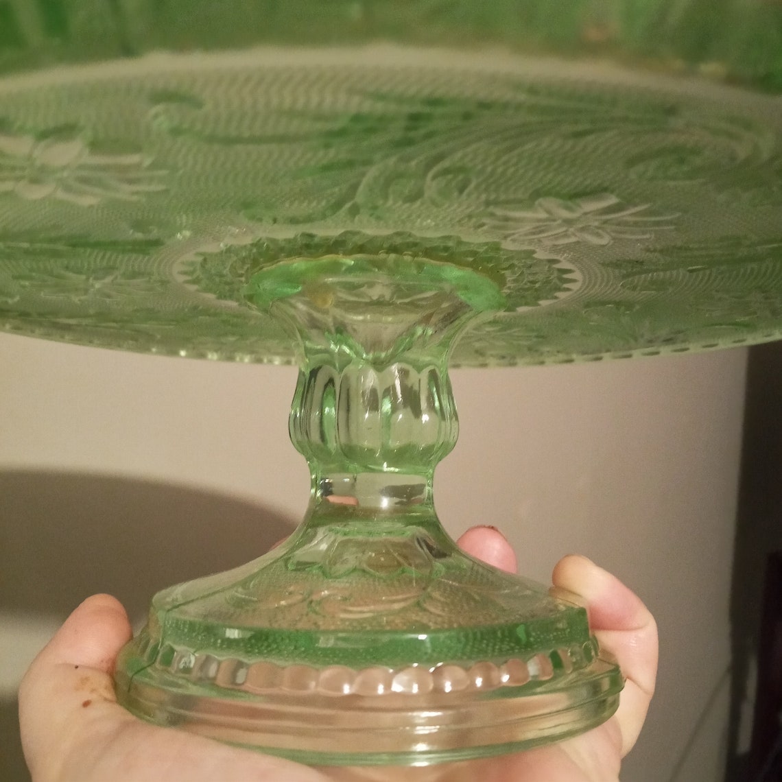 Vintage green glass pedestal cake stand with raised edge Etsy