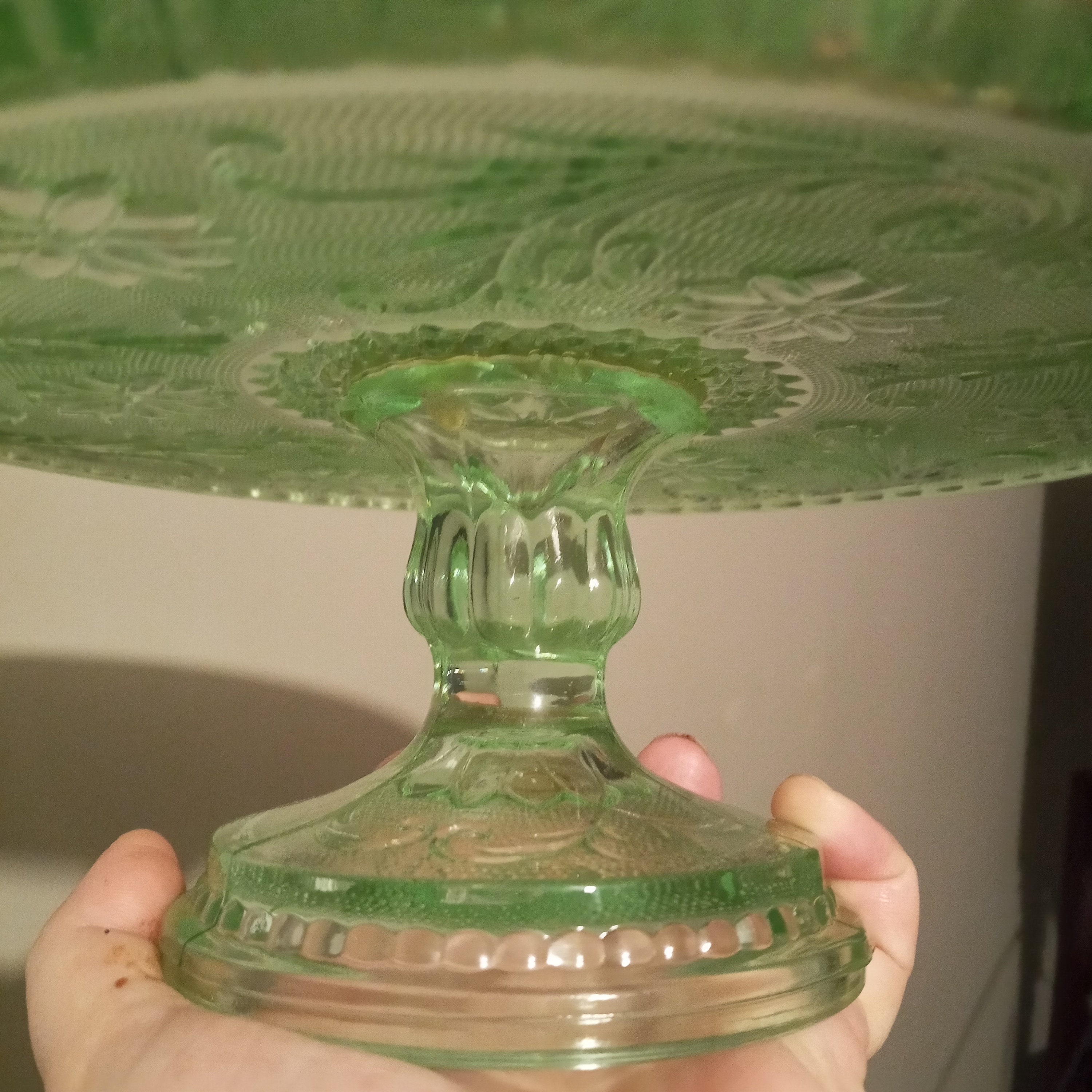 Vintage green glass pedestal cake stand with raised edge Etsy