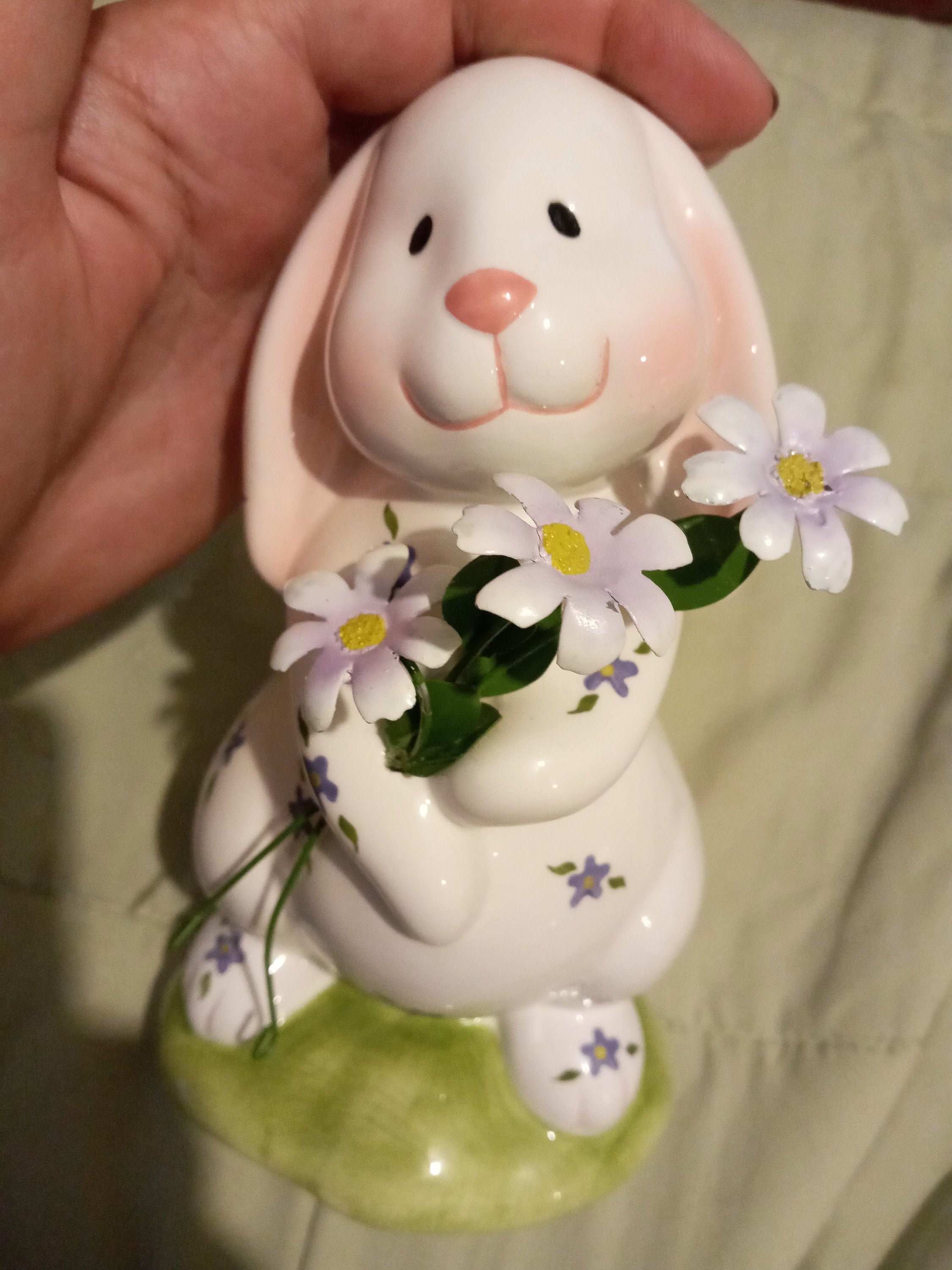 Vintage white ceramic bunny rabbit figurine holding metal Etsy