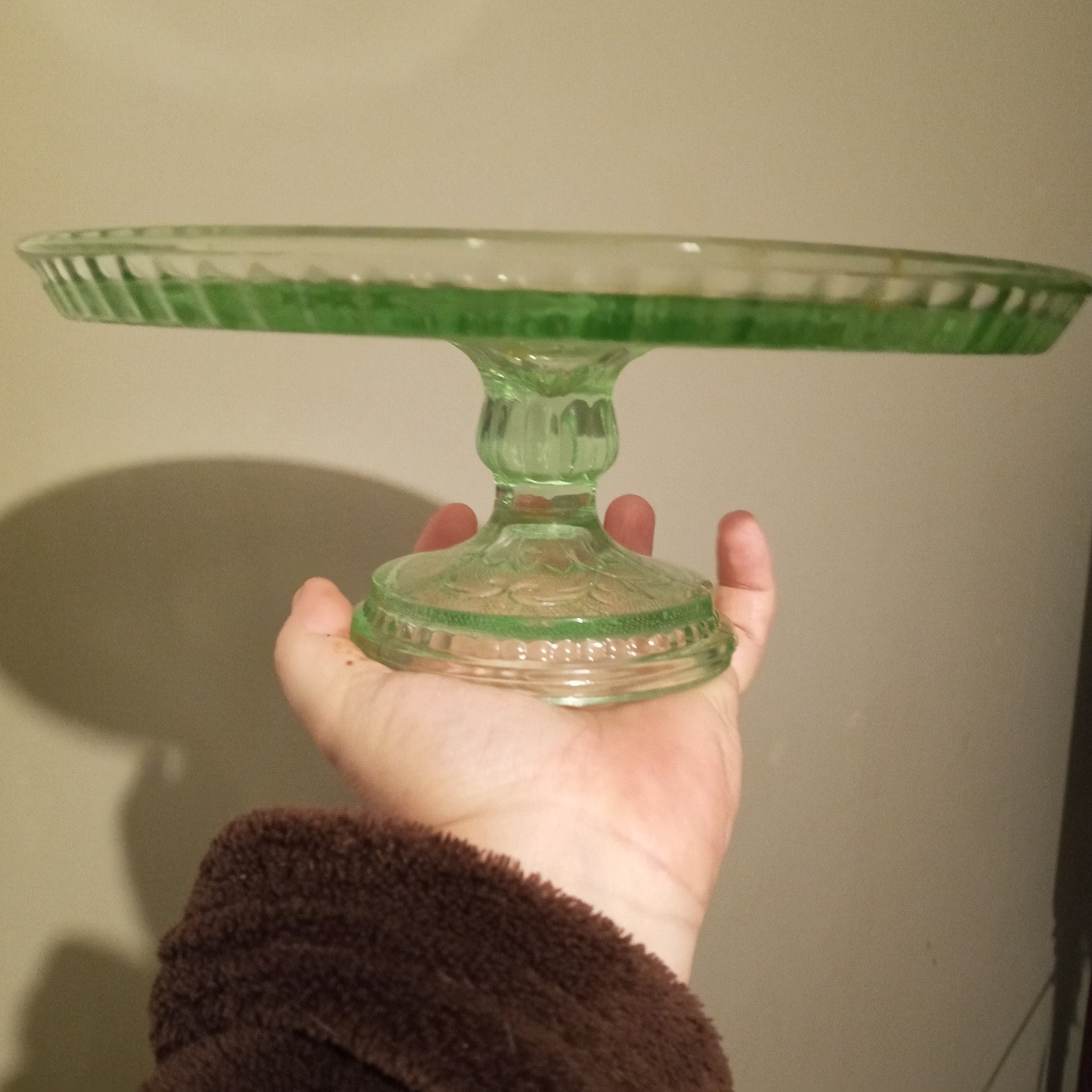 Vintage green glass pedestal cake stand with raised edge Etsy