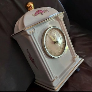 Vintage Mantel Clock Small White Ceramic with pink flowers, PS Paul Sebastian, Brass Hands, Analog, Roman Numerals, Battery Operated