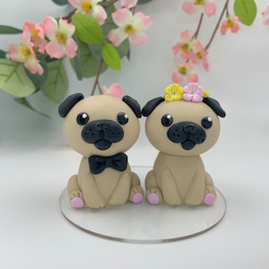Cute Pug Bride and Groom Polymer Clay Customisable Pet Wedding Cake Topper