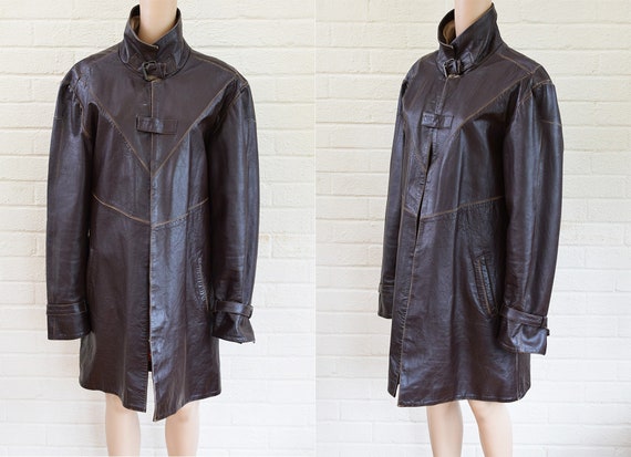 Vintage 1980's Dark Brown Unisex Leather Trench Co