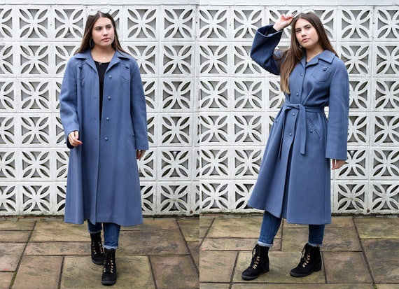 Vintage 1980s Blue Wool Midi Coat