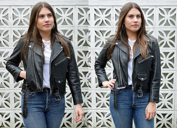 Vintage 90's Cropped Black Leather Biker Jacket