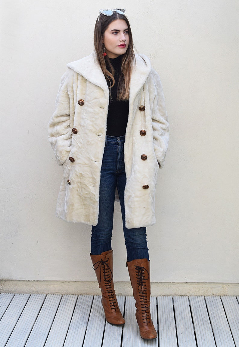 Vintage 70/'s Cream Hooded Arctic Faux Fur Coat