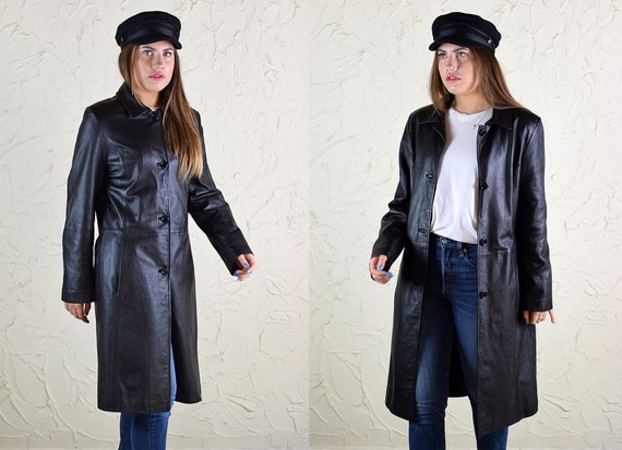 Vintage 90's Buffy Style Black Leather Trench Coat