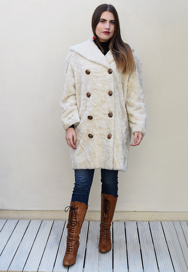Vintage 70/'s Cream Hooded Arctic Faux Fur Coat
