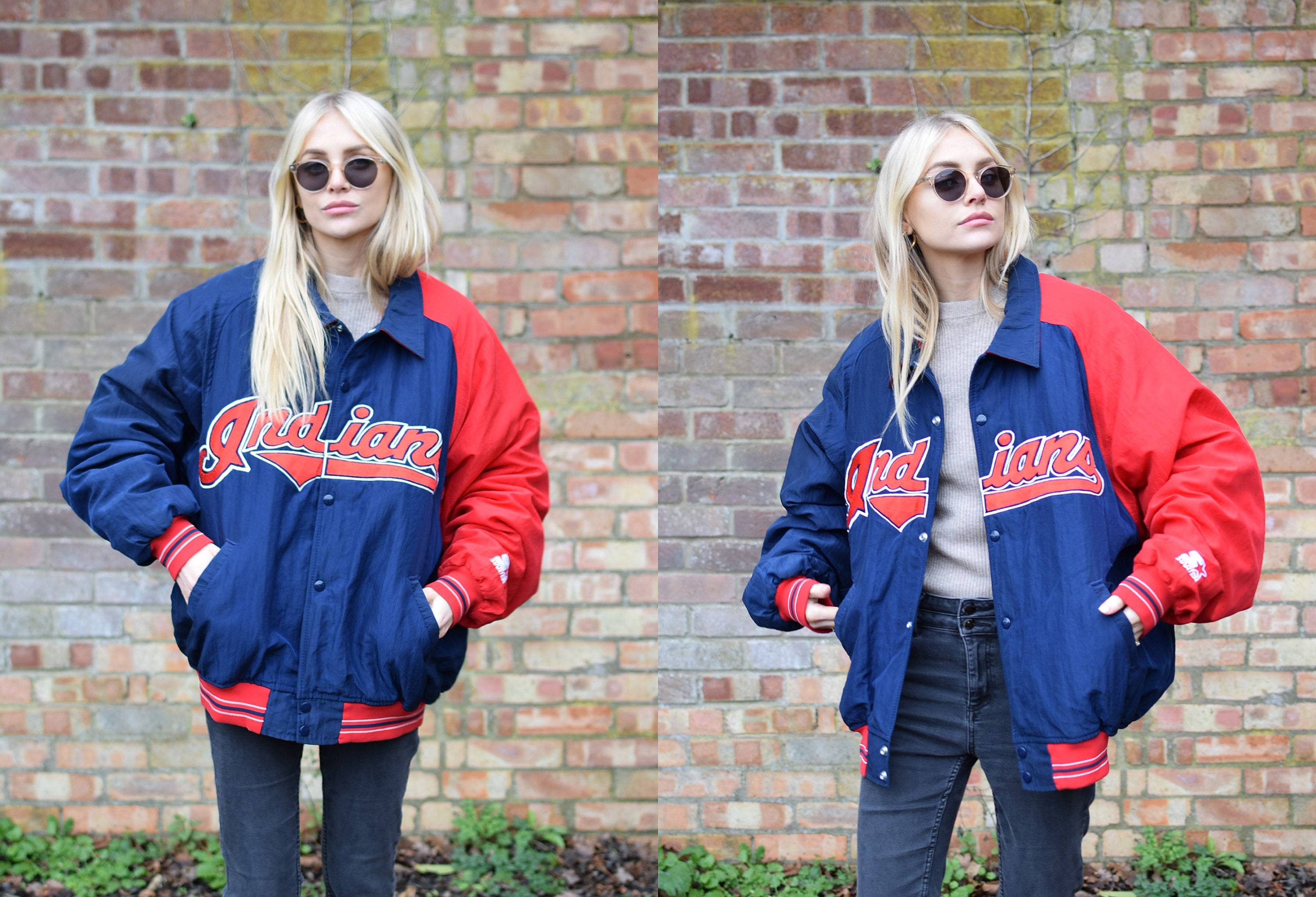 Cleveland Indians ボンバージャケット ネイビー/レッド MLB Starter Blue and Red Satin 90's Cleveland Indians Jacket