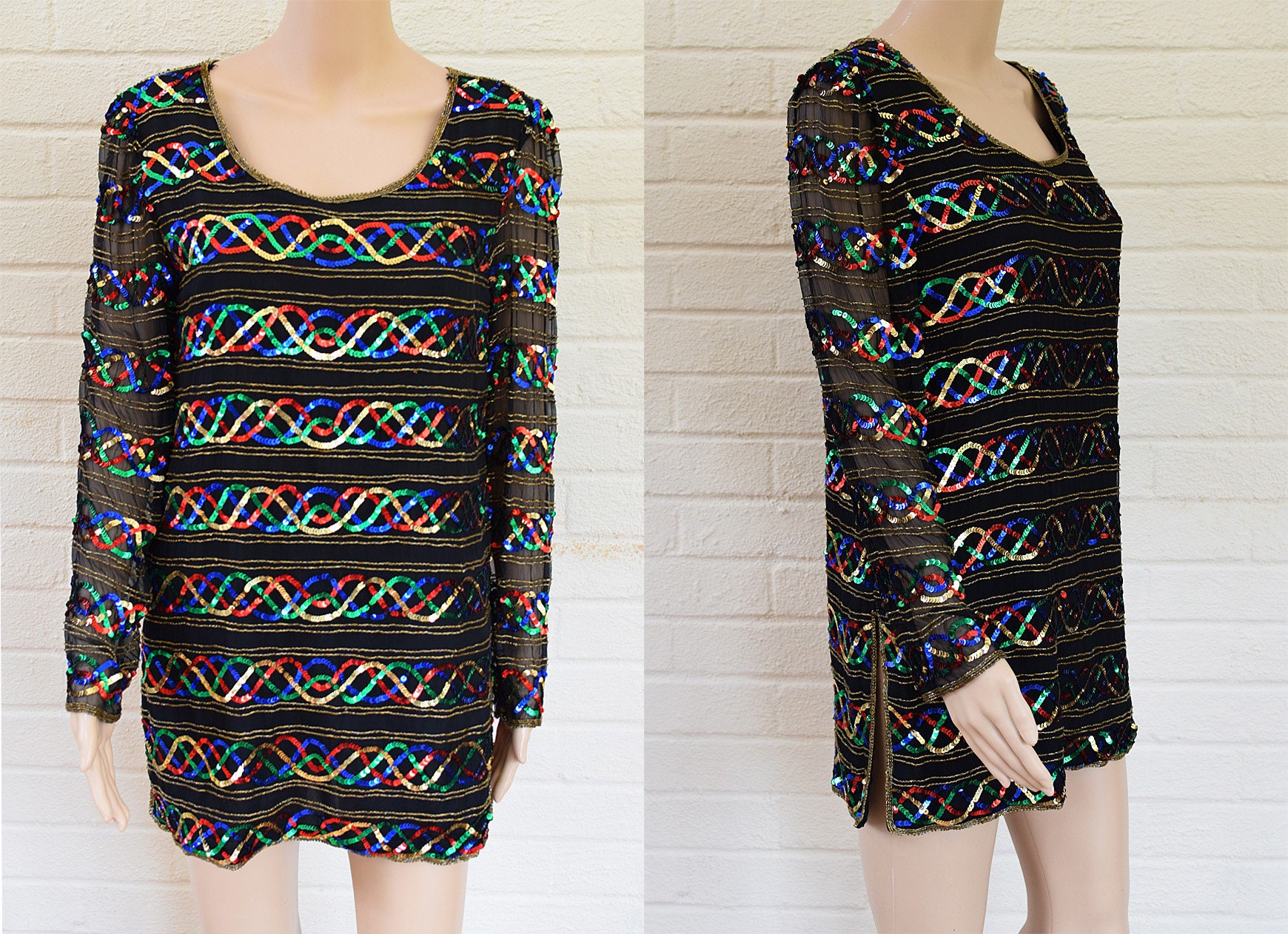 Image of Vintage 's Embellished Silk Black & Sequin Top