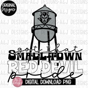 Smalltown red devil pride PNG, pobieranie cyfrowe, projekty małych miasteczek, sezon sportowy, DTF, sublimacja, 300 dpi, red devil, wieża ciśnień, duma
