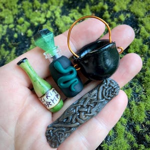 Dollhouse Miniature Green Potion Set of 4- 1:12 and 1/6 Scale, Bottle, Hex, Witch, Viper Venom, Artisan, Diorama, Vintage, Artifact, Goth