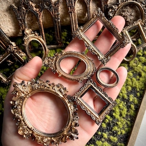 May include: A collection of ornate, antique-style picture frames in various shapes, including oval, square, and round. The frames have a gold finish with intricate detailing. Some frames are held in a hand, while others are arranged on a mossy surface.