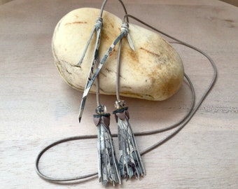 Gray Leather Lariat Necklace: Floral Tassel Pendant