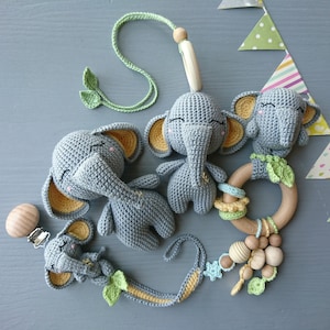 Elephant themed baby gift set. Crochet toys bundle: pacifier clip, rattle, stuffed animal, hanging toy. Gender-neutral first birthday gift