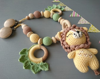 Crochet Lion Stroller Chain, Wooden Beads, Natural Baby Toy