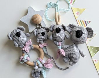 Koala Baby Gifts Set: Custom Pacifier Clip, Baby Rattle, Stuffed Animal & Hanging Toy