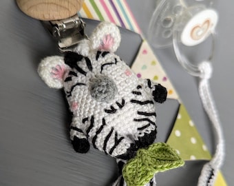 Crochet Pacifier Clip Zebra: Gender Neutral Baby Shower Gift, Cotton Dummy Holder