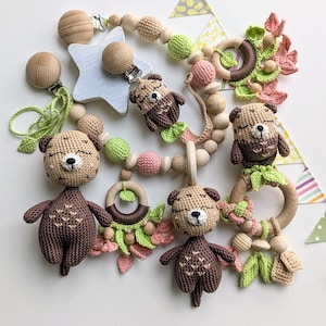 Otter Themed Baby Gift Set. Crochet Toys Bundle: Pacifier Clip, Rattle, Stuffed Animal, Stroller Chain. Gender-Neutral Gift for Newborn