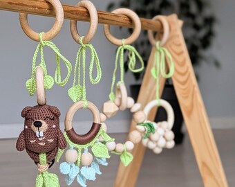 Woodland Baby Gym Toys, Beaver Rattle: Handmade Wooden Toy, Montessori Toys