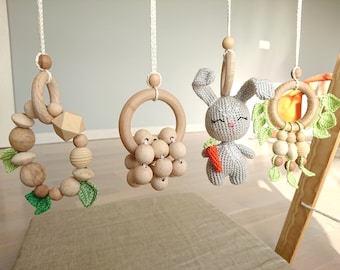 Baby Gym Toys Set: Wooden Rings & Crochet Bunny, Newborn Gift