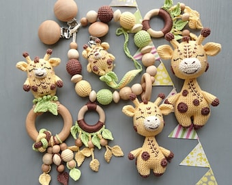 Crochet Giraffe Baby Gift Set: Stroller Chain, Rattle, Pacifier Clip & Stuffed Animal
