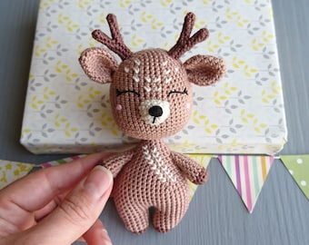 Personalized baby toy. Stuffed animal Deer. Gender-neutral birthday gift idea. New baby arrival gifts. Baby nursery decor. Amigurumi