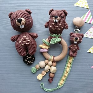 Beaver Pacifier Crochet Beaver Baby Gift Set: Handmade Rattle, Pacifier Clip, Stuffed ...