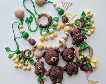 Crochet Bear Baby Gift 5-piece Set: Pacifier Clip, Rattle, Plush, Car Seat & Stroller Toys
