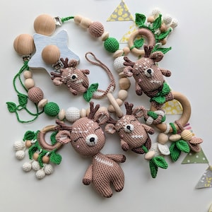 Deer Themed Baby Gift Set: Pacifier Clip, Rattle, Stuffed Animal, Stroller Chain. Gender-Neutral Baby Shower Gift. Natural Baby Toys
