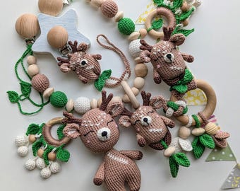 Deer Baby Gift Set: Crochet Rattle, Pacifier Clip, Stroller Toy & Stuffed Animal