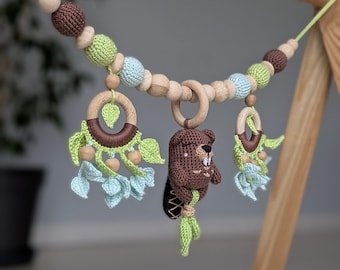 Beaver Baby Rattle Stroller Chain: Crochet Toy, Woodland Animal Toy