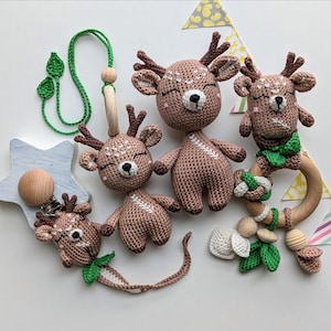 Deer Themed Baby Gift Set: Pacifier Clip, Baby Rattle, Stuffed Animal, Hanging Toy. Gender-Neutral Newborn Gift. Crochet Sensory Toys