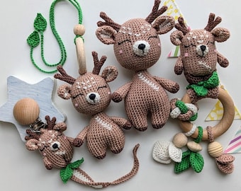 Crochet Deer Baby Gift Set: Newborn Rattle, Pacifier Clip, Stuffed Animal & Stroller Toy