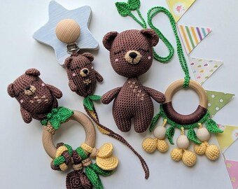 Crochet Bear Woodland Baby Gift Set: Handmade Natural Sensory Toys, Wood & Cotton, Newborn Gift