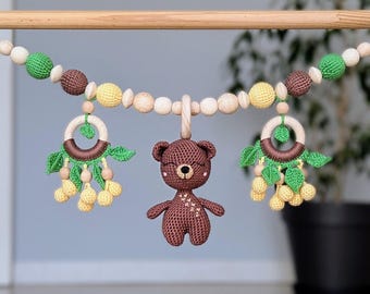 Stroller Chain with Crochet Bear - Wooden and Cotton Toy - Baby Gift for First Outing