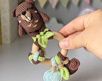 Crochet Beaver Baby Rattle: Handmade Wooden Toy, Sensory Toys