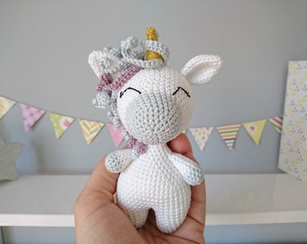 Personalized kids toy. Stuffed animal Unicorn. Gender-neutral birthday gift idea. New baby arrival gifts. Baby nursery decor. Amigurumi