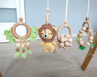 Safari Animal Baby Play Gym Toys: Crochet Lion, Wooden Rings