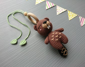 Hanging toy for stroller with stuffed animal Beaver. Baby shower gift for boy or girl. Baby toy for pram. First gift for newborn