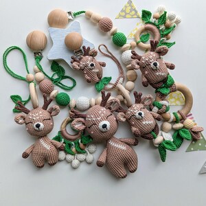 Deer Themed Baby Gift Set: Pacifier Clip, Baby Rattle, Stuffed Animal, Hanging Toy, Stroller Chain. Gender-Neutral Baby Shower Gift
