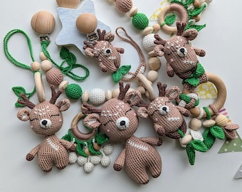 Crochet Deer Baby Gift Set: Rattle, Pacifier Clip, Stroller & Car Seat Toys, Soft Animal