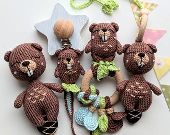 Beaver Handmade Baby Gift Sets: Crochet Pacifier Clip, Baby Rattle, Stuffed Animal, Hanging Toy