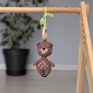 Stuffed Beaver Baby Hanging Toy: Stroller Toy, Crochet Montessori Toys