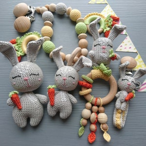 Baby shower gift set. Bunny toys set: baby pacifier clip, rattle, stuffed animal, stroller chain. Gifts for Birth.